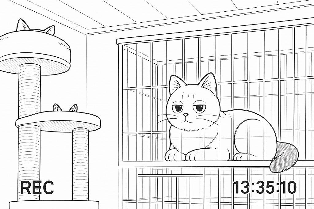 二階建てケージの上段に伏せる白猫と、隣のキャットタワー最上段に耳だけが見える子猫。ペットカメラ視点の構図。