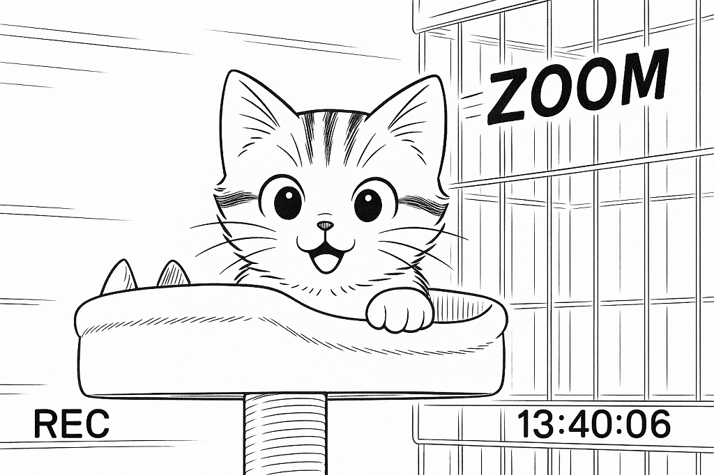 キャットタワー最上段のベッドから顔を出し、目を輝かせてこちらを見る子猫。ZOOM文字と時刻表示が入っている。