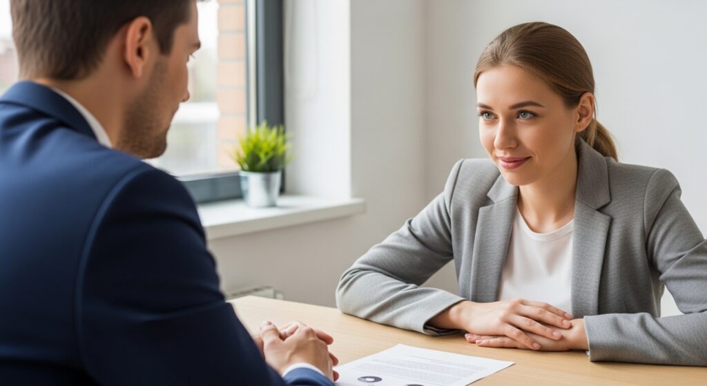 テーブル越しに向かい合い、相手の話を穏やかな表情で聞く女性と男性。提案を拒まず、前向きに受け止めている様子。