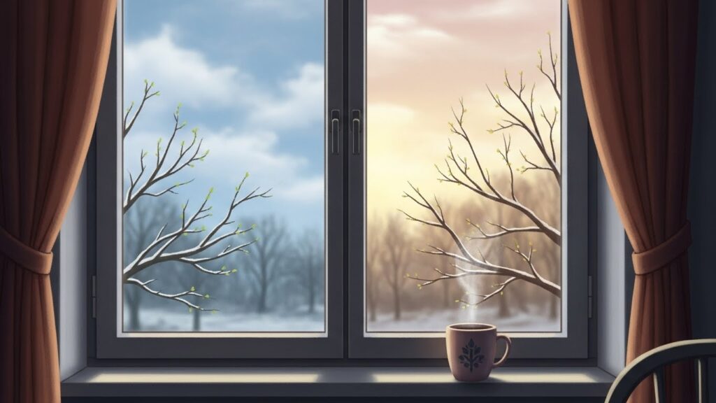 同じ窓から見える風景が、左は寒さの残る空気、右はやわらかな日差しと芽吹きを感じさせる様子を描いたイラスト。