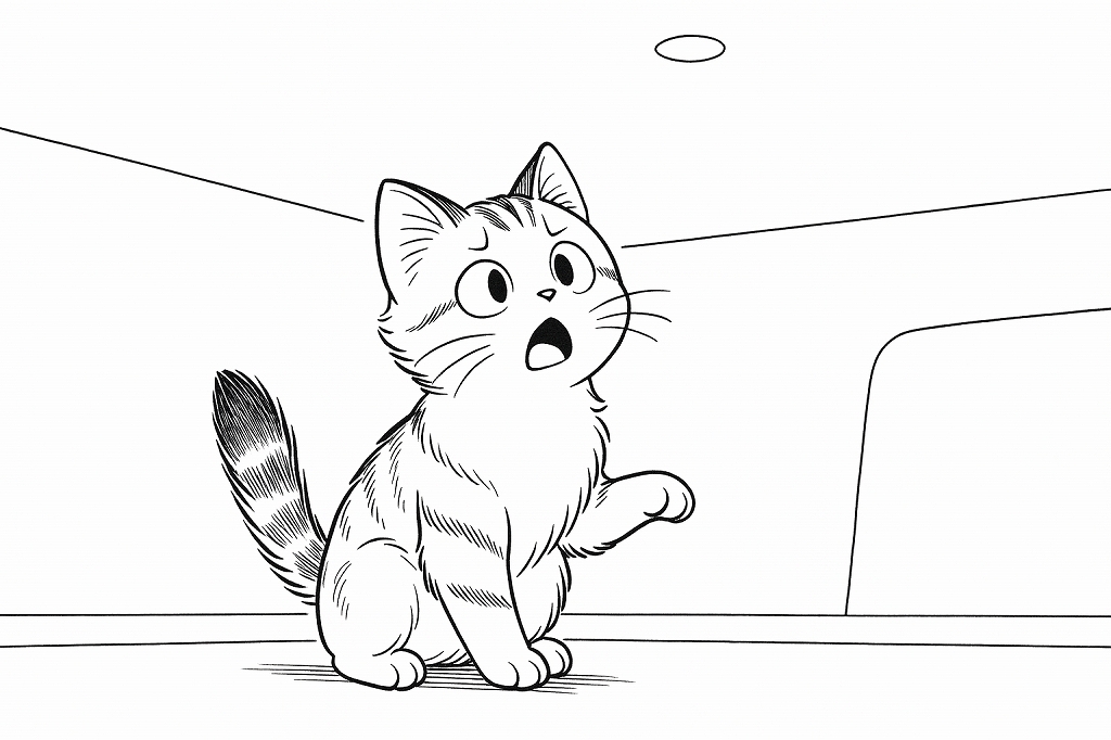 天井方向を見上げて口を開け、片前足を上げて戸惑った表情をしている子猫のモノクロ線画イラスト。