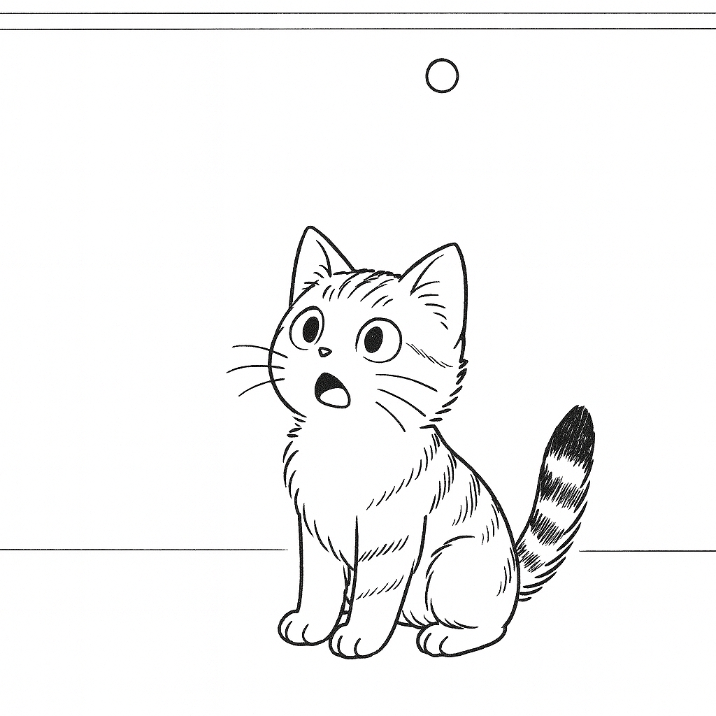 床に座り、真上の一点を見つめて口をぽかんと開けている子猫のモノクロ線画イラスト。