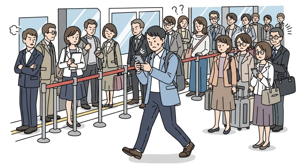 順番待ちの列があるにもかかわらず、周囲を無視してスマートフォンを見ながら前を横切る男性と、困惑した表情の人々を描いたイラスト。傍若無人。