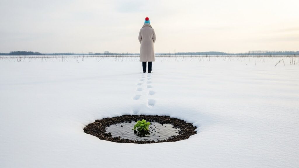 雪原の中央で雪が溶け、小さな芽が芽吹いている様子と、遠くで背中を向けて立つ人物の後ろ姿。