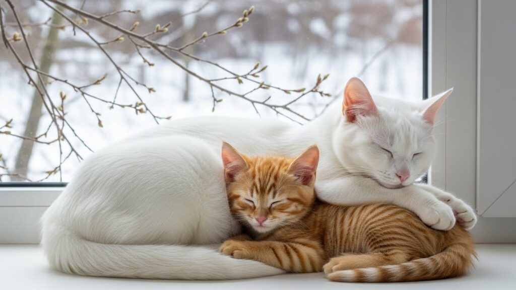 窓辺で白猫と金茶色の子猫が寄り添って眠り、外の雪景色と小さな芽のついた枝が見える様子。