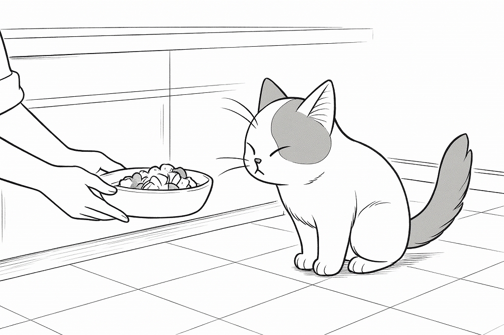 床に座る白猫の前に、飼い主が手作りごはんの入った器を差し出しているイラスト