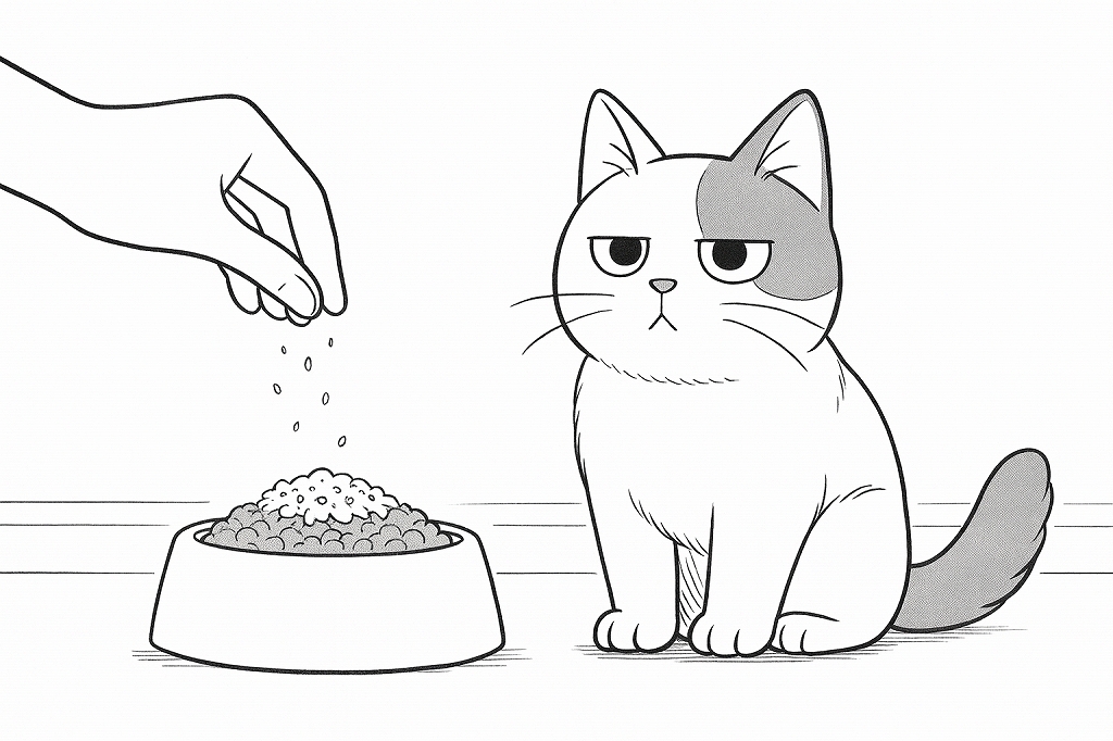 フードボウルにトッピングを振りかける飼い主の手と、無表情で横に座る白猫のイラスト
