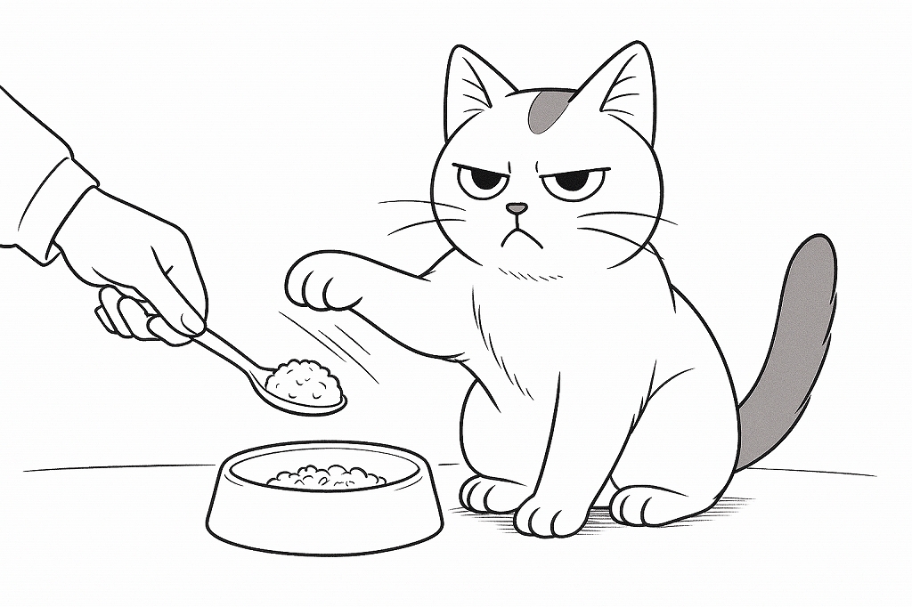 スプーンで差し出されたごはんに対し、前足を振り上げて拒否する白猫のイラスト