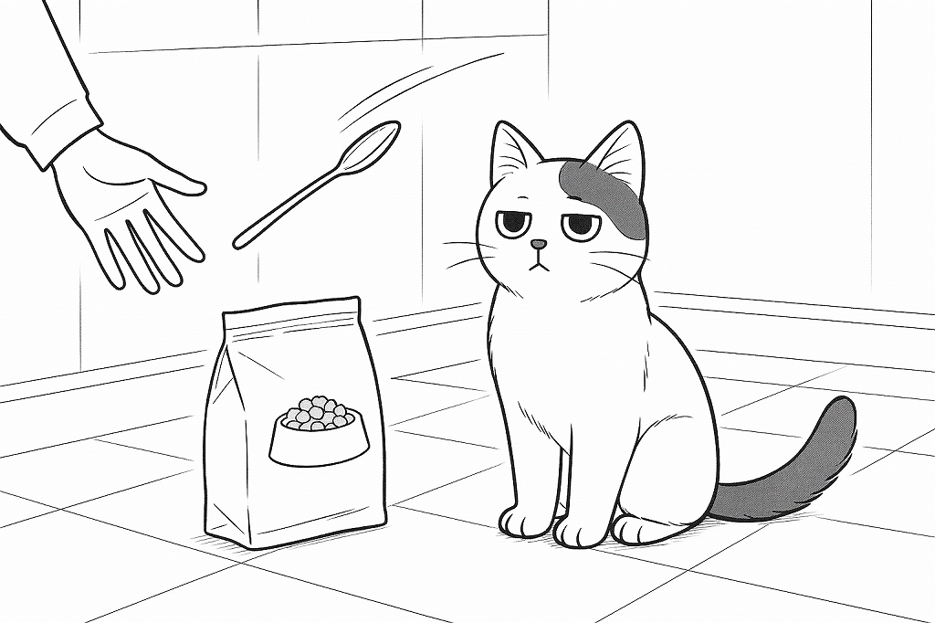 床に落ちるスプーンとフード袋の横で、無表情に座る白猫のイラスト