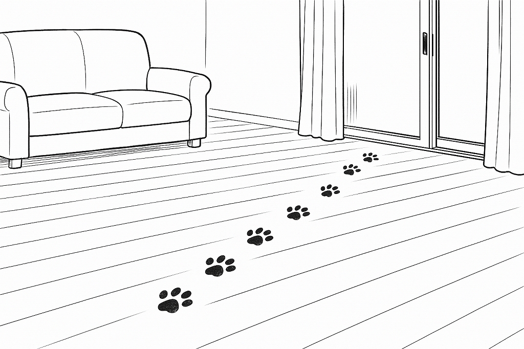 室内の床に、猫の足跡が点々と続いており、奥の窓の方向へ向かっている様子を描いたモノクロ線画。