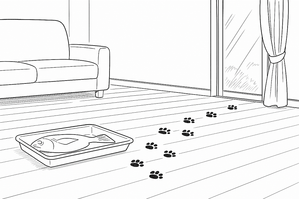 床に置かれた魚のトレーのそばから、猫の足跡が窓の方向へ続いている室内の様子を描いたモノクロ線画。