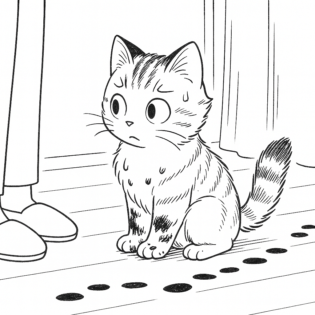 泥のついた足と胸元の子猫が、飼い主の足元に座り、床に残った足跡の横で落ち着かない表情を見せているモノクロ線画。