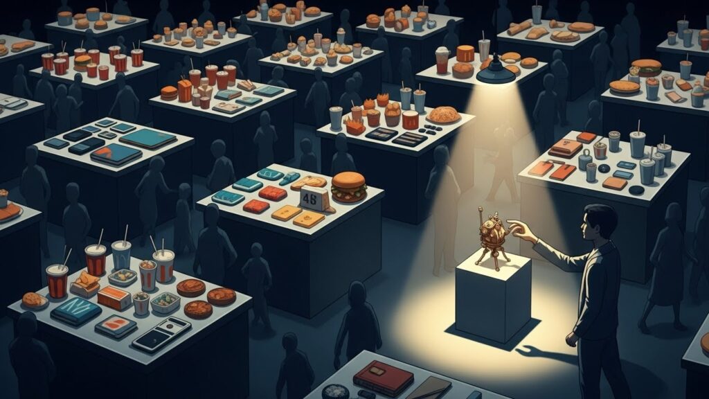 多くの人が行き交う展示空間で、似たような商品が並ぶ中、片隅の小さな展示台に置かれた精巧な工芸品だけがスポットライトを浴びている様子。