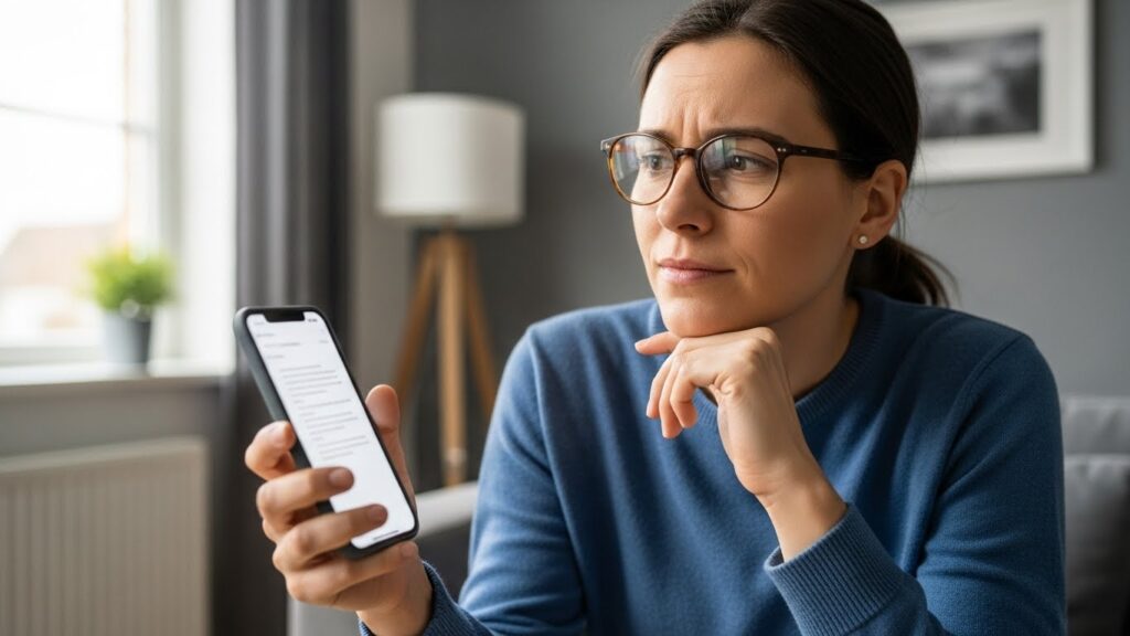 スマートフォンを手に、画面を見ながら冷静に考え込む女性。情報を鵜呑みにせず、慎重に判断しようとしている様子。