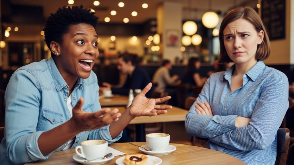 カフェで熱心に話す人物と、腕を組んで少し疑いの表情を浮かべながら聞く人物。話をそのまま信じていない様子が伝わる場面。