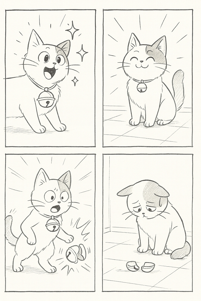 大きな鈴をつけて喜ぶ猫、得意げに歩く猫、鈴が割れて驚く猫、割れた鈴を前にしょんぼり座る猫を描いた4コマ漫画の絵コンテ風ラフ
