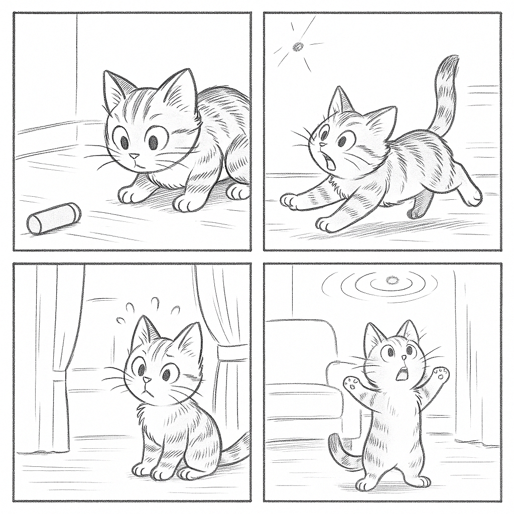 レーザーポインターを見つけて近づき、追いかけ、見失い、天井を見上げて戸惑う子猫の様子を描いた4コマ構成のモノクロ線画ラフ。