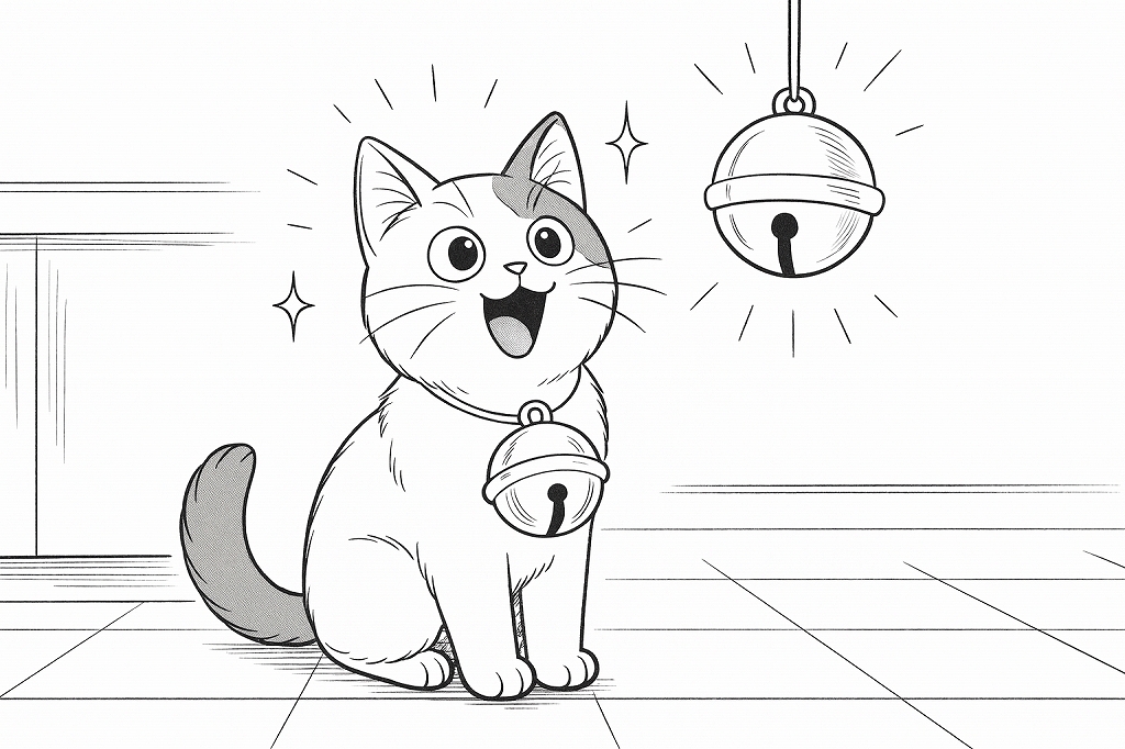 大きな鈴を首に下げた猫が目を輝かせて座っているが、画面右上にも別の鈴が描かれている不自然な構図