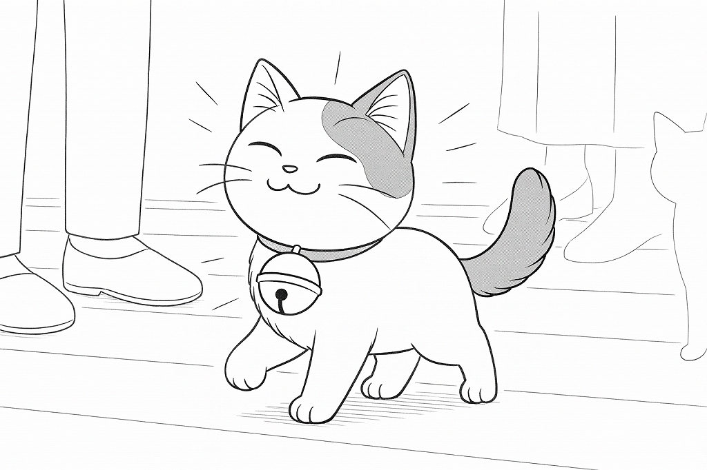 鈴をつけて得意そうに歩く猫だが、背景の人の足との大きさの比率が合っていないAI生成イラスト
