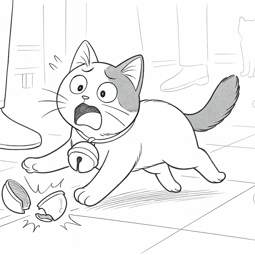 驚いた表情の猫が転びかけており、首に鈴をつけたまま床には割れた鈴も描かれている矛盾のある場面