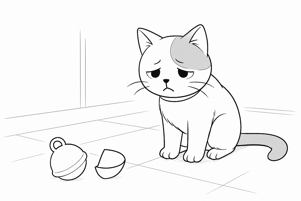 床に落ちた割れた鈴の前で、しょんぼりと座る猫が描かれているが、前のコマと印象が異なるイラスト