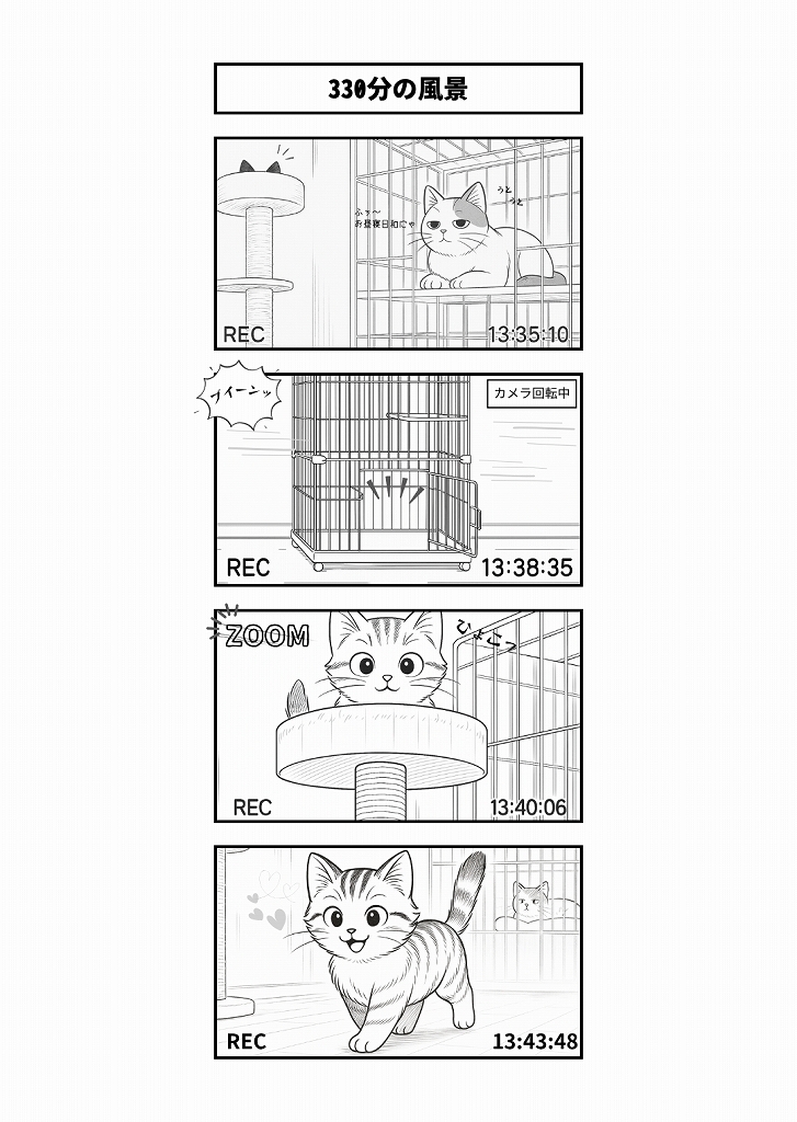 AI4コマ漫画｜『330分の風景』
ペットカメラが捉えた330分の静かな時間。その裏で起きていた子猫の小さな冒険を描いたAI4コマ漫画です。