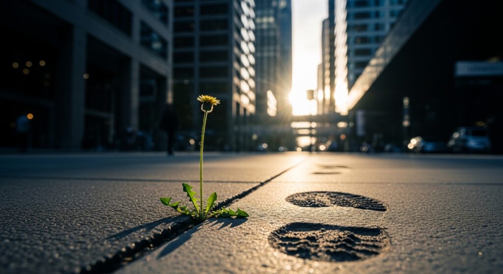 都市のアスファルトの割れ目から、小さな花がまっすぐに咲いている様子