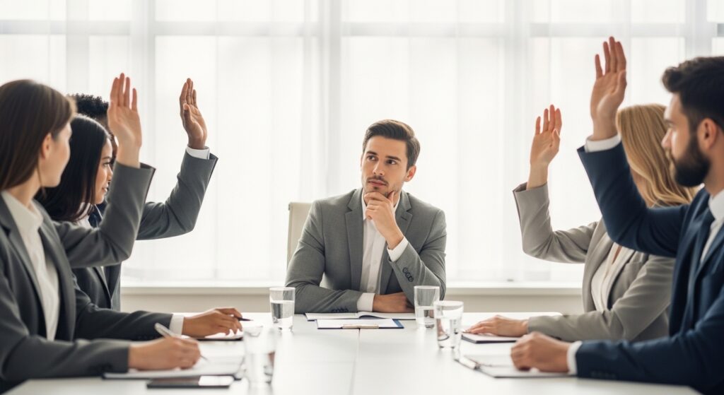会議室で周囲が挙手する中、中央の男性が顎に手を当て迷っている様子