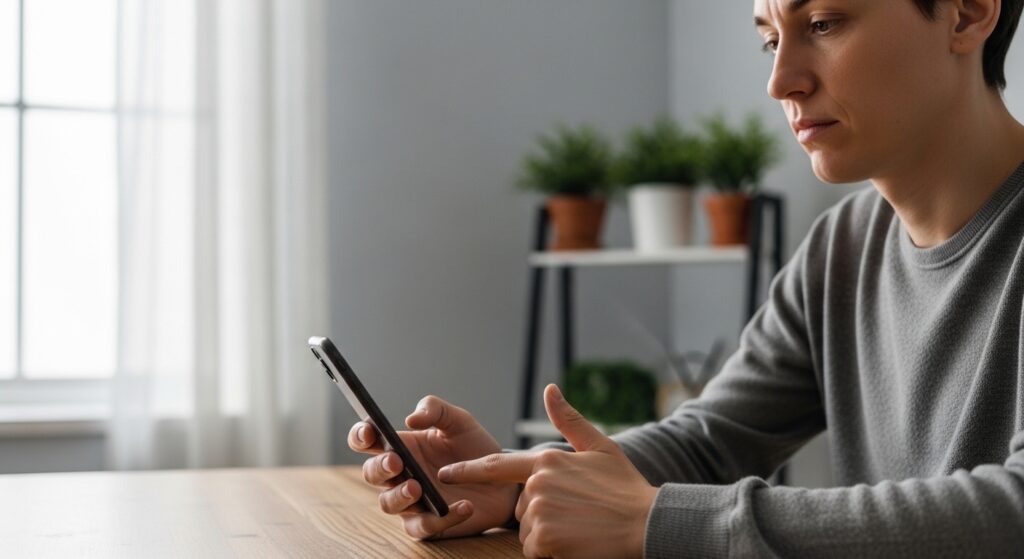 室内でスマートフォンを見つめ、人差し指で画面に触れようとする人物