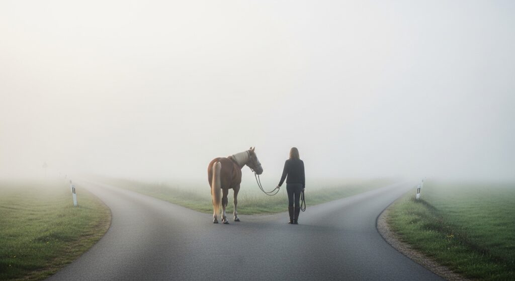 霧に包まれた分かれ道で、人物が馬を連れて立ち止まり、どちらの道にも進まず先を見つめている様子。