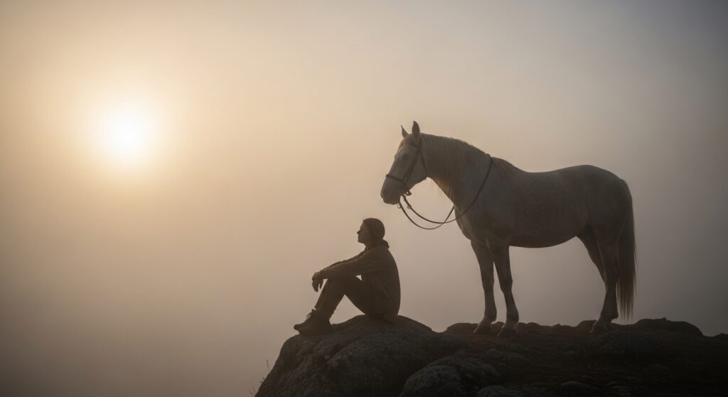 霧の中の崖の上で、座って遠くを眺める人物と、そのそばに静かに立つ馬の後ろ姿。