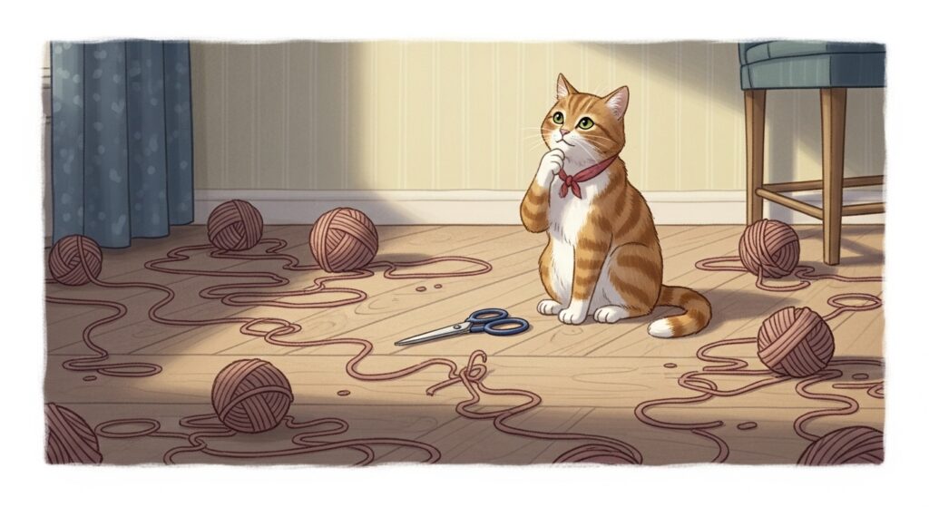 床に散らばる毛糸の前で、はさみのそばに座り考え込む猫のイラスト