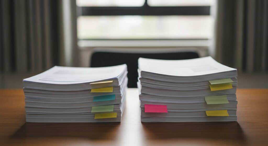 机の上に整理された2つの書類の束が置かれ、付箋で論点が分類されている静かな室内の風景