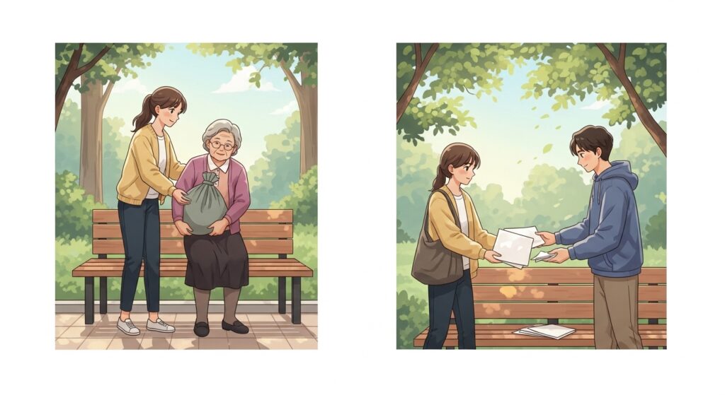 公園のベンチで若い女性が高齢の女性を手伝い、その後別の場面で女性が落とした書類を男性が拾って渡している、思いやりが巡る様子を描いたイラスト