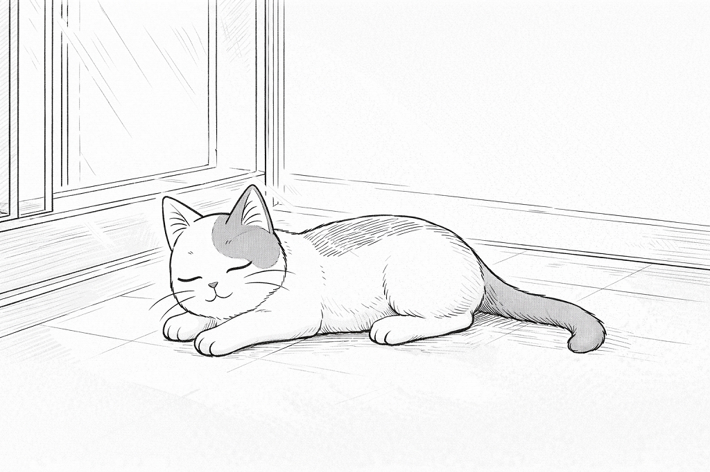窓辺の床で目を閉じて横たわる猫。やわらかな日差しの差し込む室内で、前足を揃えて穏やかに眠っている。
