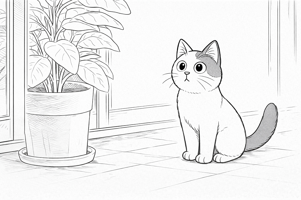大きな観葉植物の鉢の前で立ち止まり、目を丸くして見上げる猫。窓際の景色が変わったことに驚いている様子。