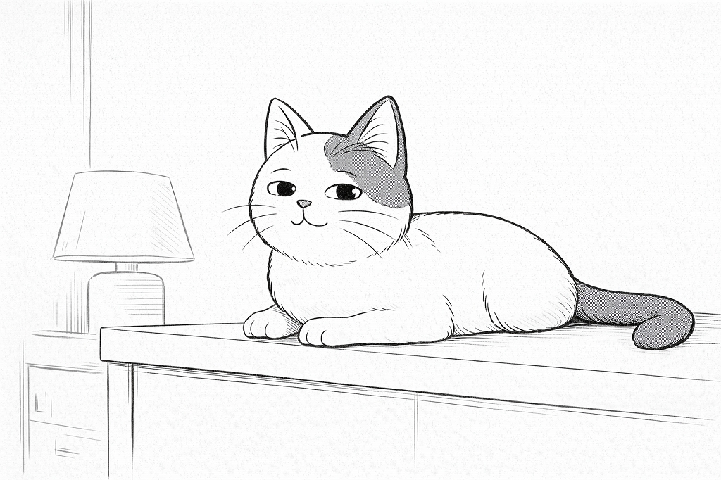 寝室の棚の上に横たわり、少し誇らしげな表情でくつろぐ猫。新しい日向ぼっこスポットを見つけて満足している様子。