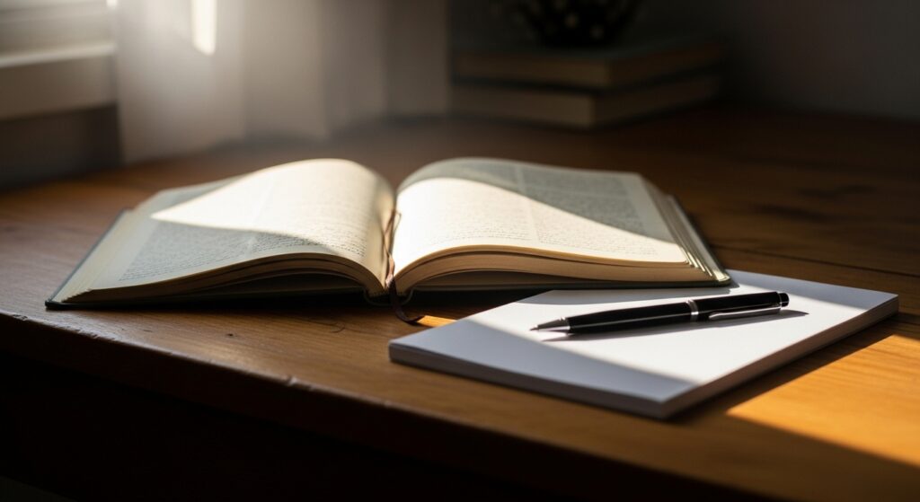 木製の机の上に開かれた古書と白いノート、ペン。窓から差し込む朝の光がページを照らしている静かな室内風景。