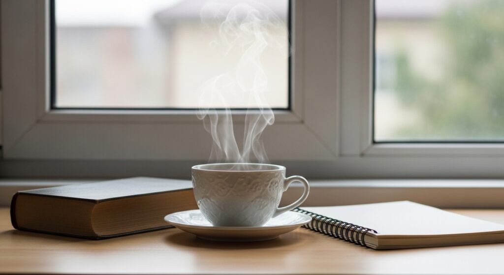 窓辺の机に置かれた本とノート、湯気が立ちのぼる白いティーカップ。やわらかな自然光に包まれた静かな室内。