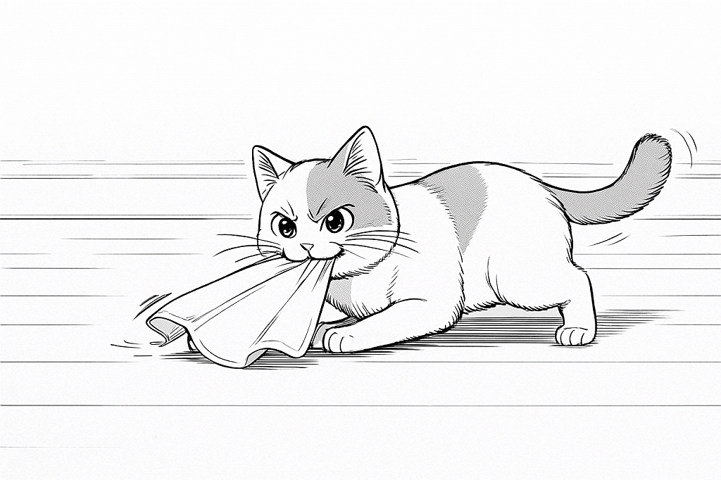 ふきんを咥えた猫が、低い姿勢で前脚を踏み出しながら獲物を引きずるように進む様子
