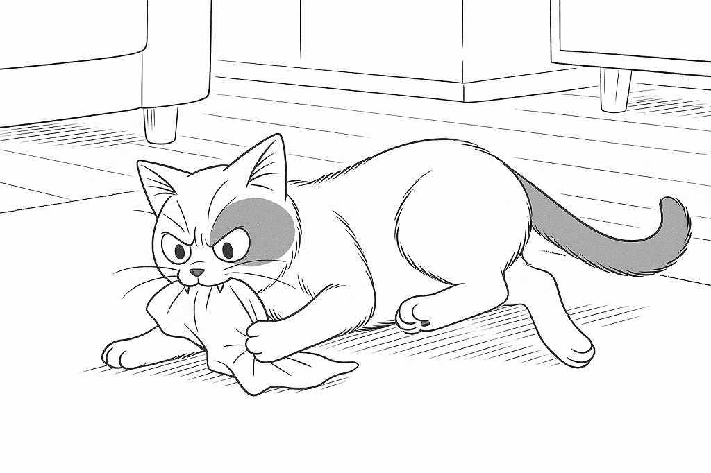 床に伏せた猫が、前脚でふきんを押さえ込み、鋭い目つきで噛みついている場面