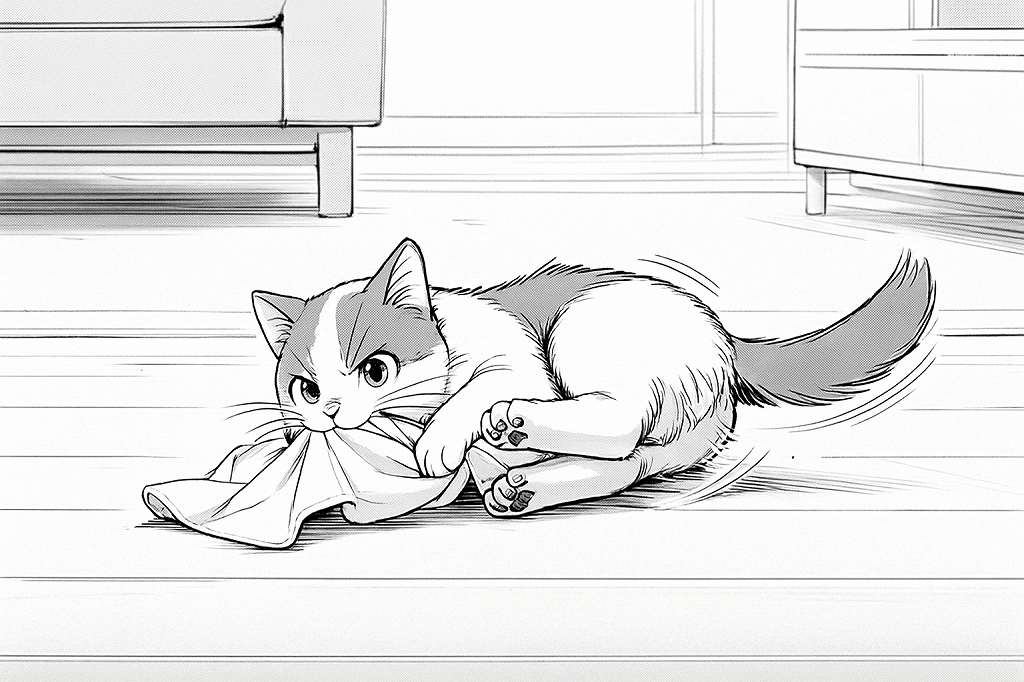 猫が床に転がりながら、後ろ脚でケリケリと蹴りつつ、ふきんを咥えて遊ぶ様子