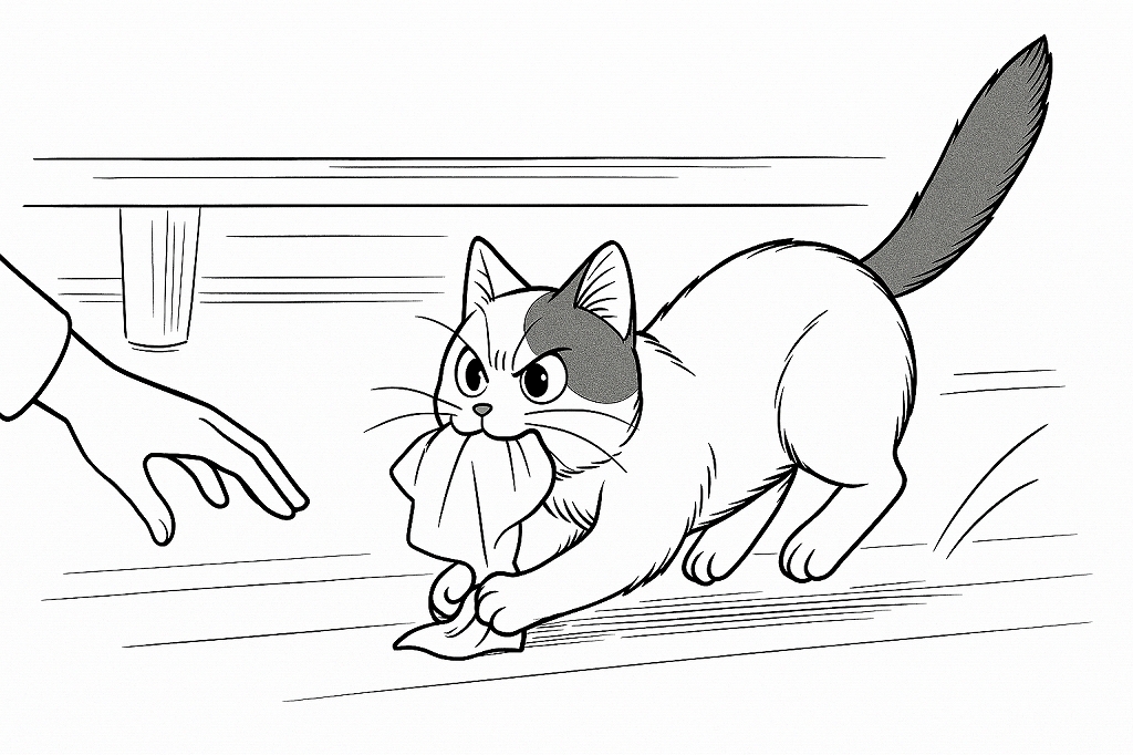 飼い主の手が近づく中、ふきんを咥えた猫が警戒した表情で走り出そうとする瞬間