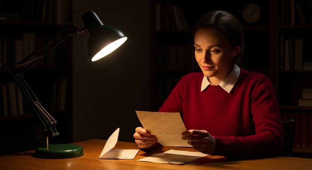 夜の書斎でデスクライトの下、手紙を読みながら静かに表情をゆるめる女性。落ち着いた室内と柔らかな光が印象的。