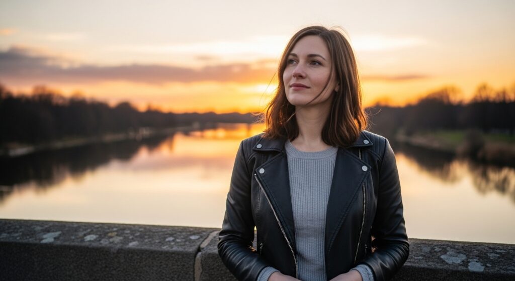 夕暮れの川辺の橋に立ち、穏やかな表情で遠くを見つめる女性。空と水面が柔らかく染まっている。