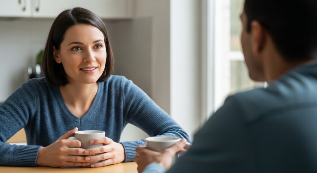 テーブルで向かい合う二人のうち、女性がマグカップを両手に持ち、相手の話を聞きながら理解に至ったような穏やかな表情をしている様子。