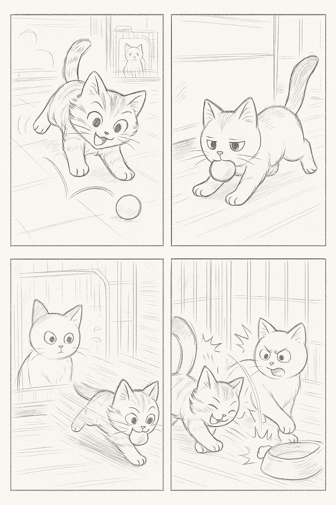 ボールを追いかける子猫とケージ内の先住猫を描いた4コマ漫画の絵コンテ風ラフスケッチ
