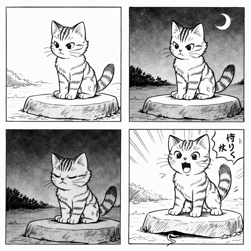 石の上に座って動かない子猫が、昼から夜へと時間が過ぎる中じっと耐える様子を描いた4コマ漫画。最後のコマで石の下からネズミのしっぽが現れ、猫が勢いよく立ち上がるオチになっている。