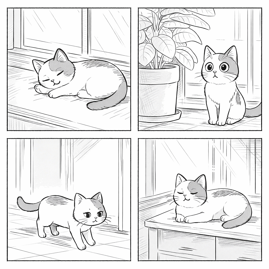 4コマ漫画。①窓辺で気持ちよさそうに眠る猫。②観葉植物が置かれた窓際で目を丸くして驚く猫。③家の中を歩きながら少ししょんぼりした表情の猫。④棚の上の新しい日向ぼっこスポットで満足そうにくつろぐ猫。