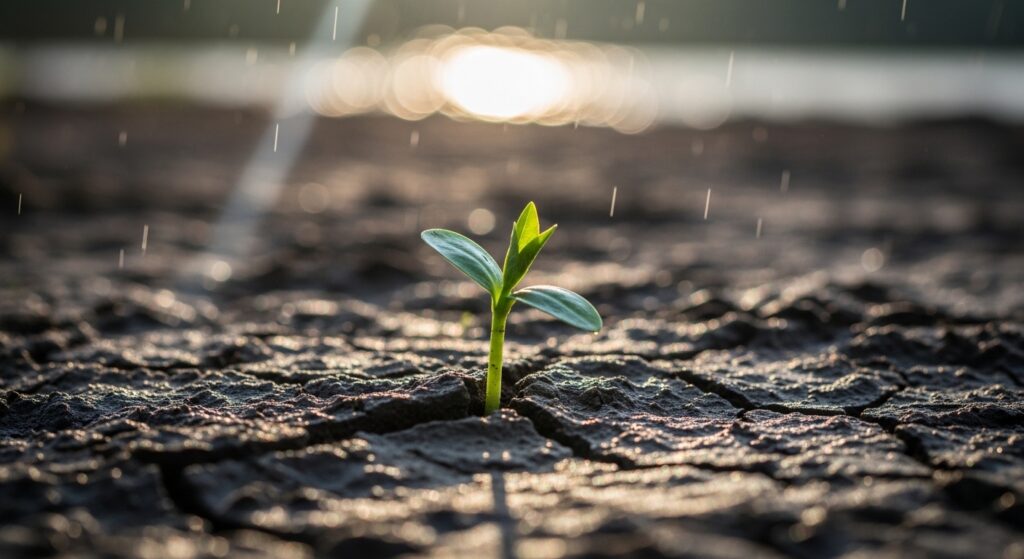 雨が降るひび割れた地面から、小さな芽がまっすぐ伸びている様子。困難の中で安定と成長が生まれることを象徴するイメージ。